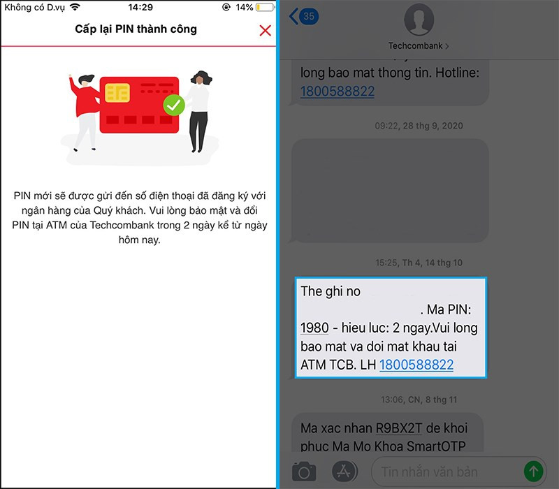 Ho&agrave;n th&agrave;nh cấp lại PIN, kiểm tra tin nhắn SMS