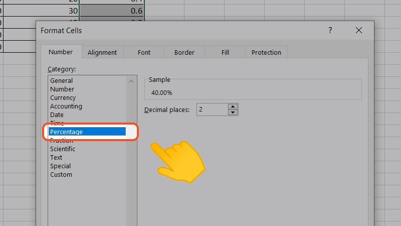 Hộp thoại Format Cells hiện ra, chọn Percentage trong phần Number. 