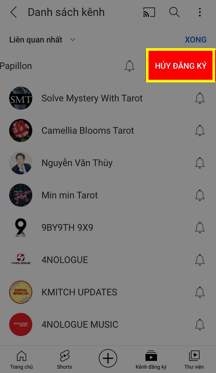 Hủy đăng ký kênh YouTube trên điện thoại