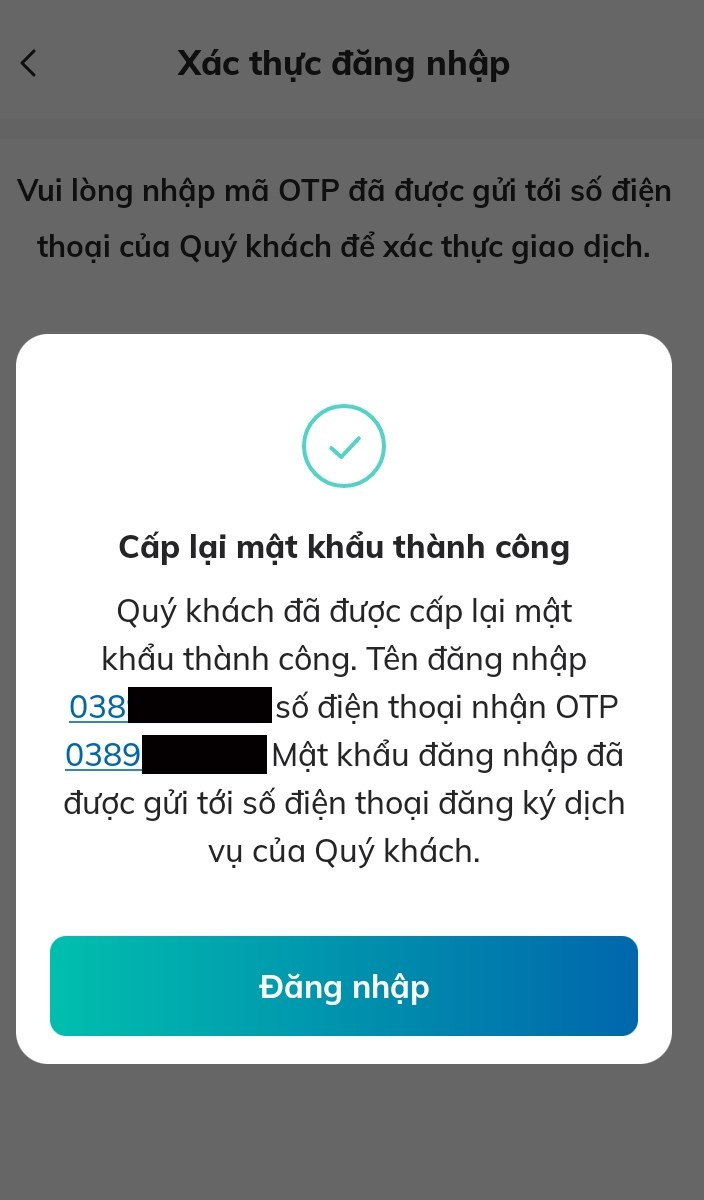 Lấy lại mật khẩu BIDV Smart Banking thành công