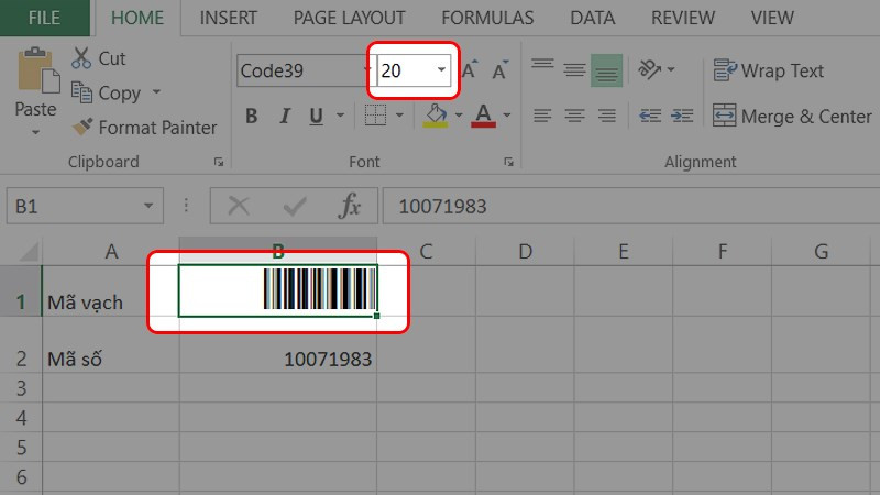 Lúc này dãy số đã được viết dưới dạng Barcode, bạn hãy tăng size cho mã vạch để dễ nhìn thấy hơn