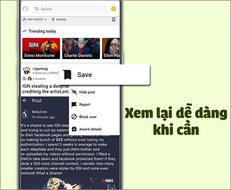 Lưu trữ bài viết yêu thích trên ứng dụng Reddit.