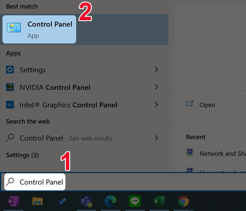 Mở Control Panel bằng tìm kiếm Windows