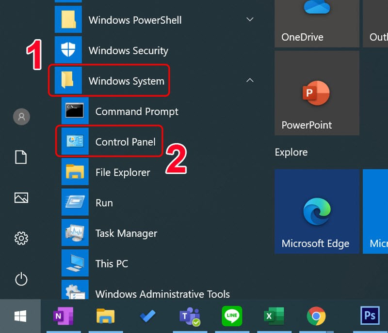 Mở Control Panel từ Start Menu