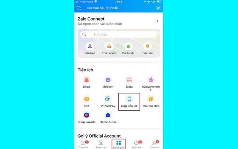 Mở ứng dụng Zalo và chọn nạp tiền điện thoại