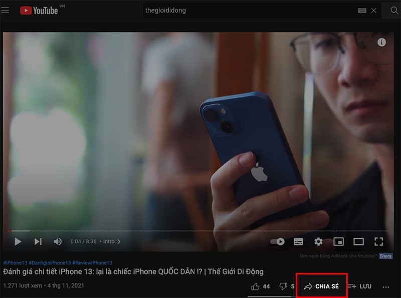 Nhấn nút CHIA SẺ trên YouTube (máy tính)