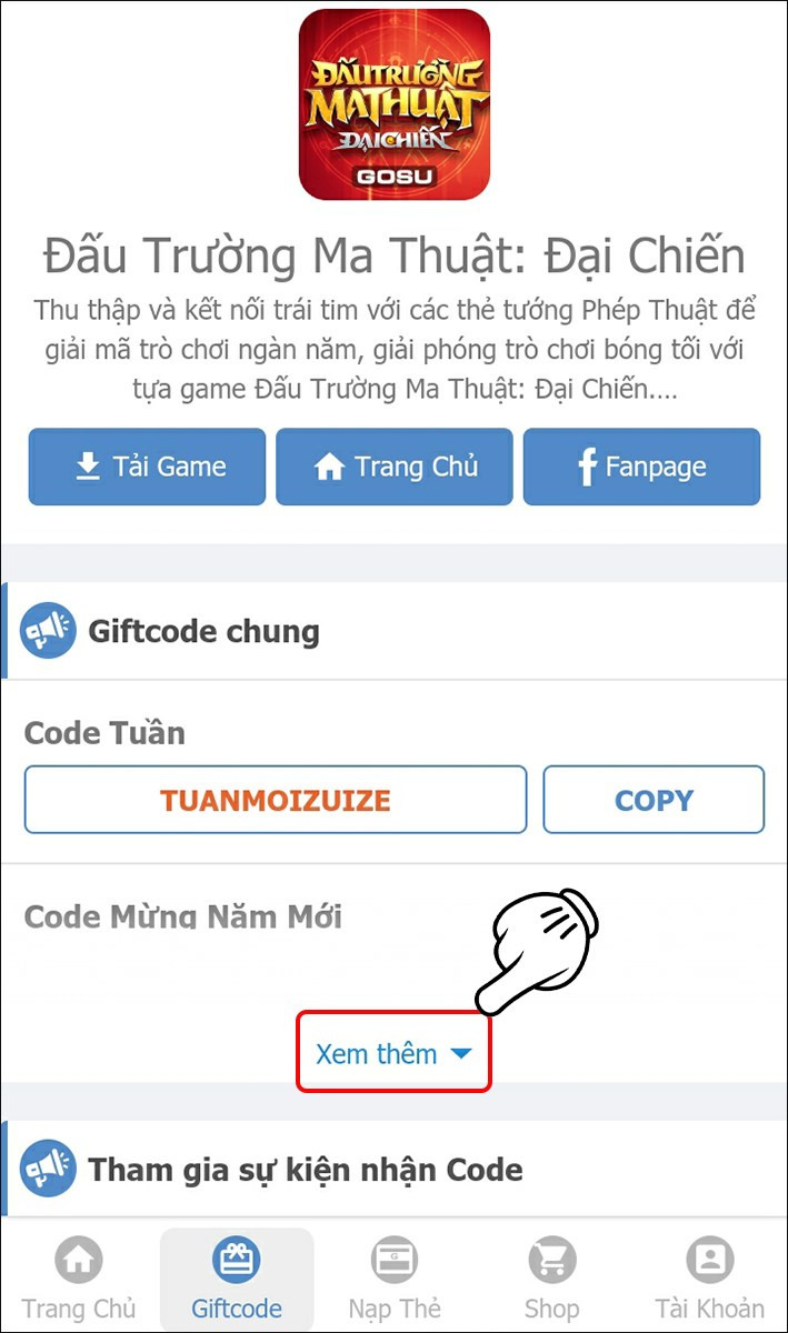 Nhấn Xem thêm để xem tất cả các mã code