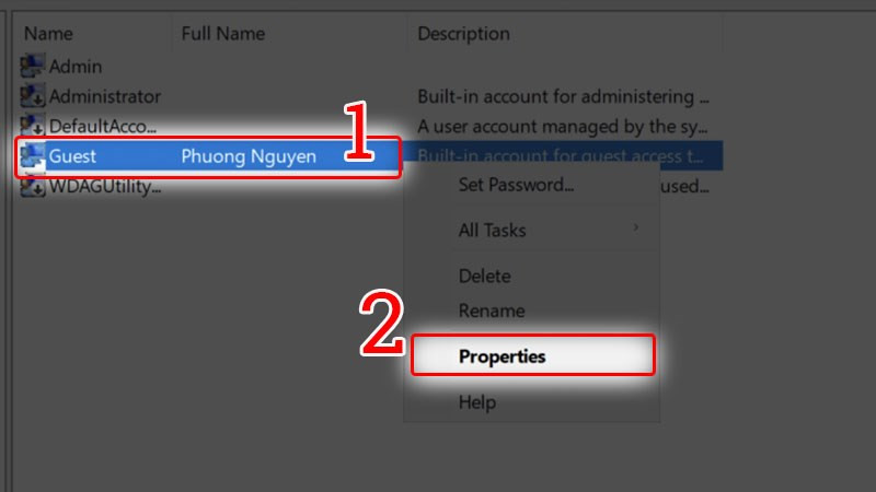 Nhấp chuột phải Guest và chọn Properties