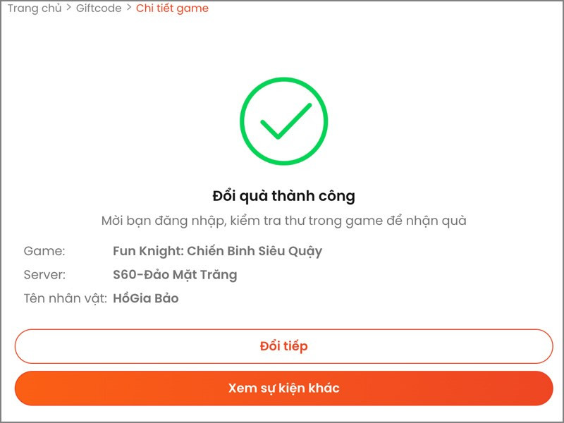 Nhập code thành công