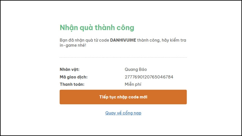 Nhập code thành công > Mở game trên điện thoại nhận quà