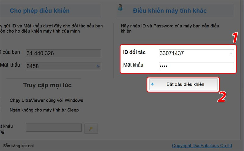 Nhập ID và mật khẩu của đối tác vào mục Điều khiển máy tính khác