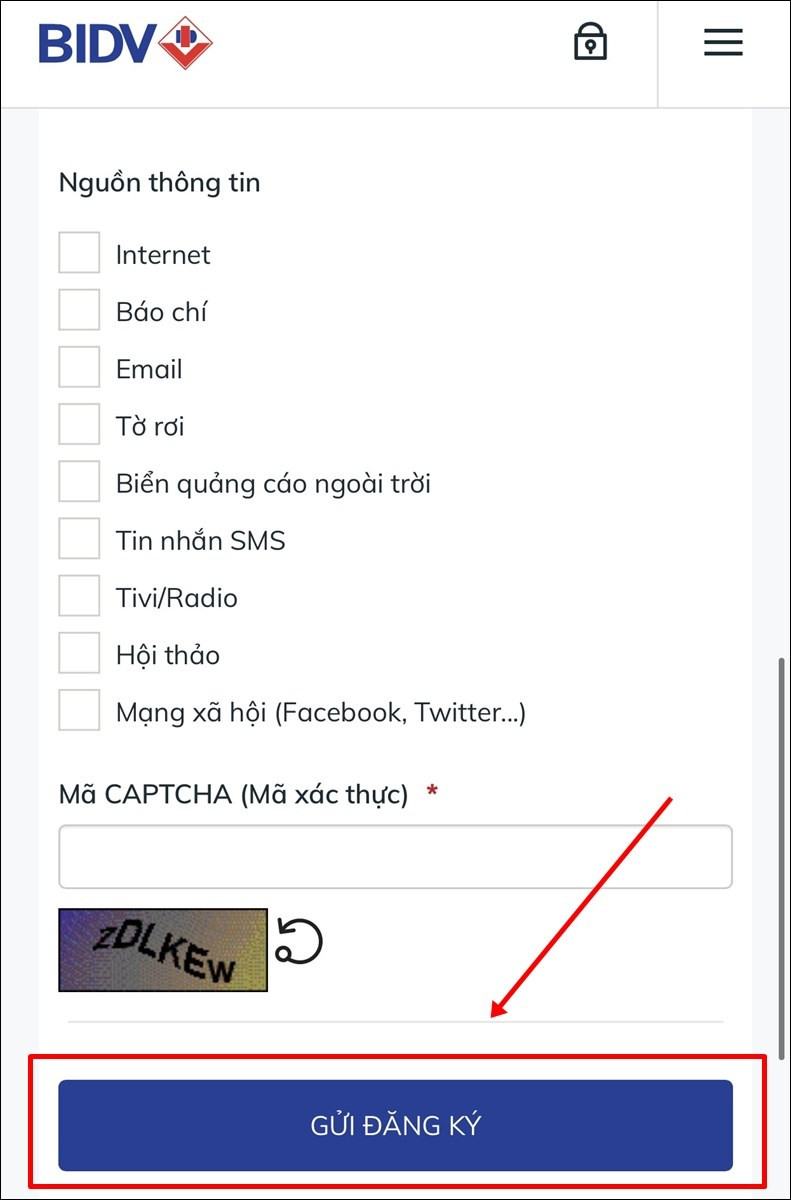 Nhập mã CAPTCHA và gửi đăng ký