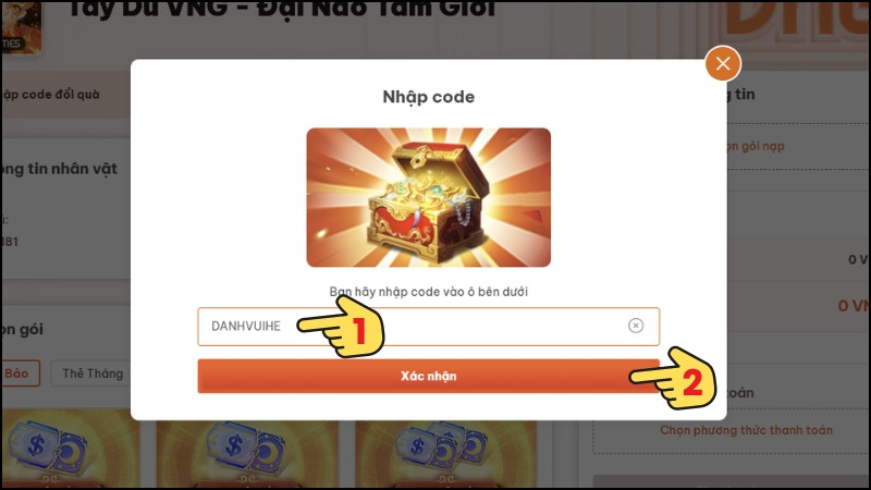 Nhập mã code Tây Du VNG > Nhấn Xác nhận