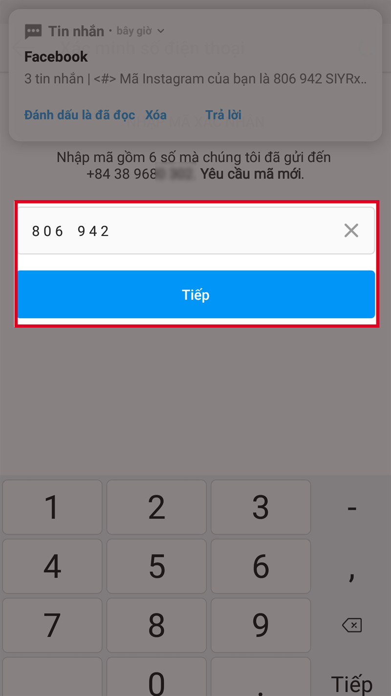 Nhập mã xác nhận trên Instagram