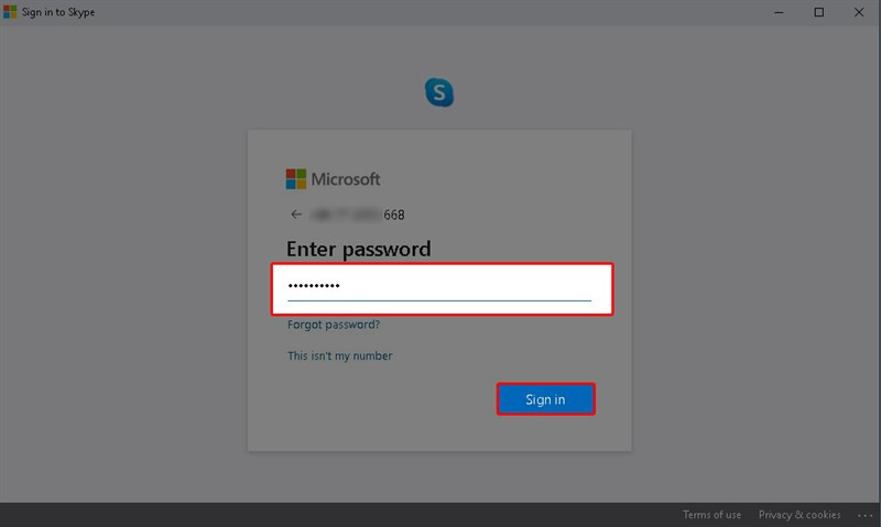 Nhập mật khẩu Skype