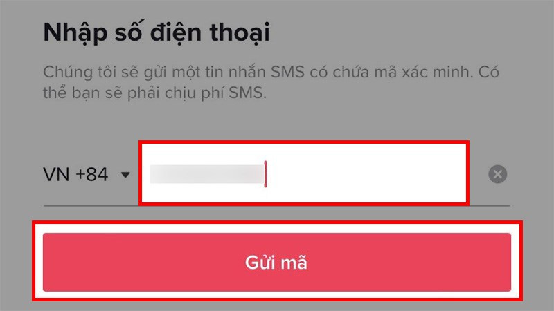 Nhập số điện thoại và gửi mã