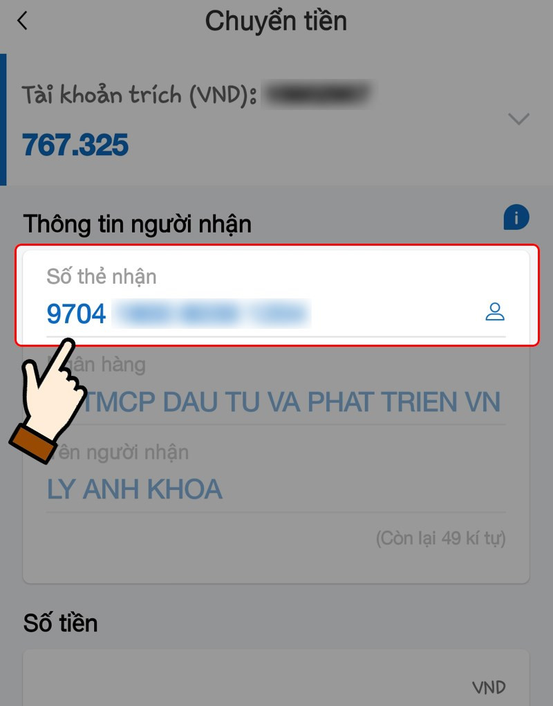 Nhập số thẻ người nhận