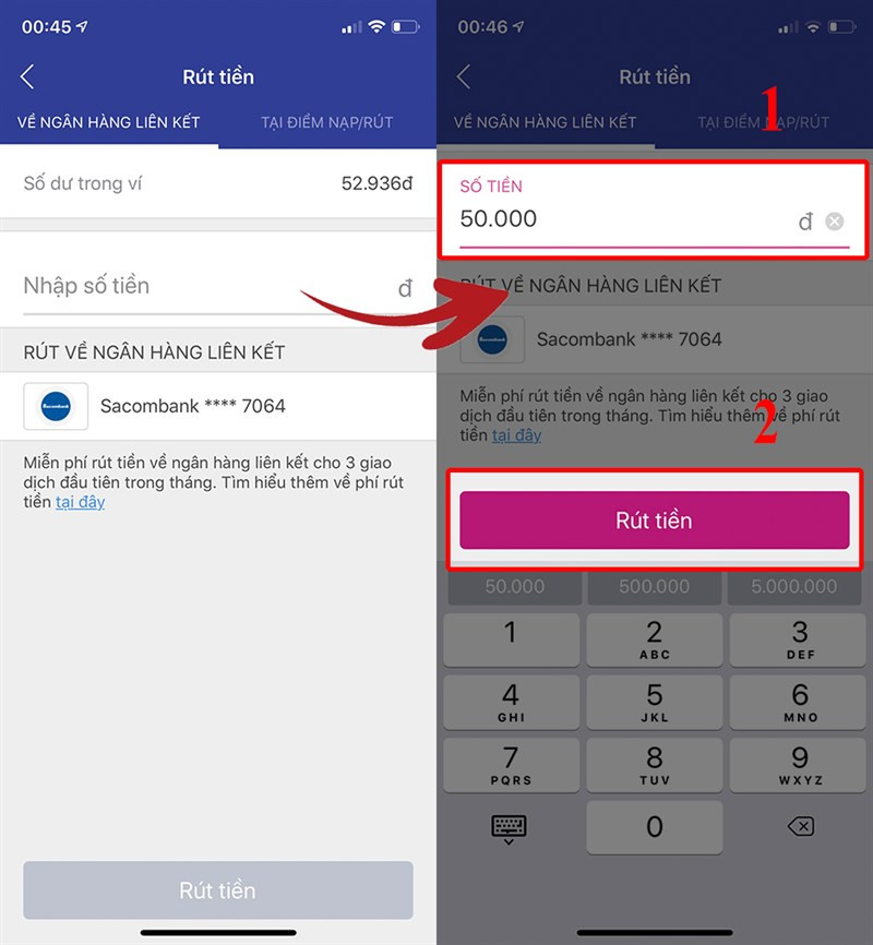Nhập số tiền bạn muốn rút (50.000 - 20.000.000 VNĐ) > chọn Rút tiền.