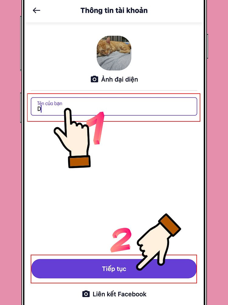 Nhập tên hiển thị và liên kết Facebook