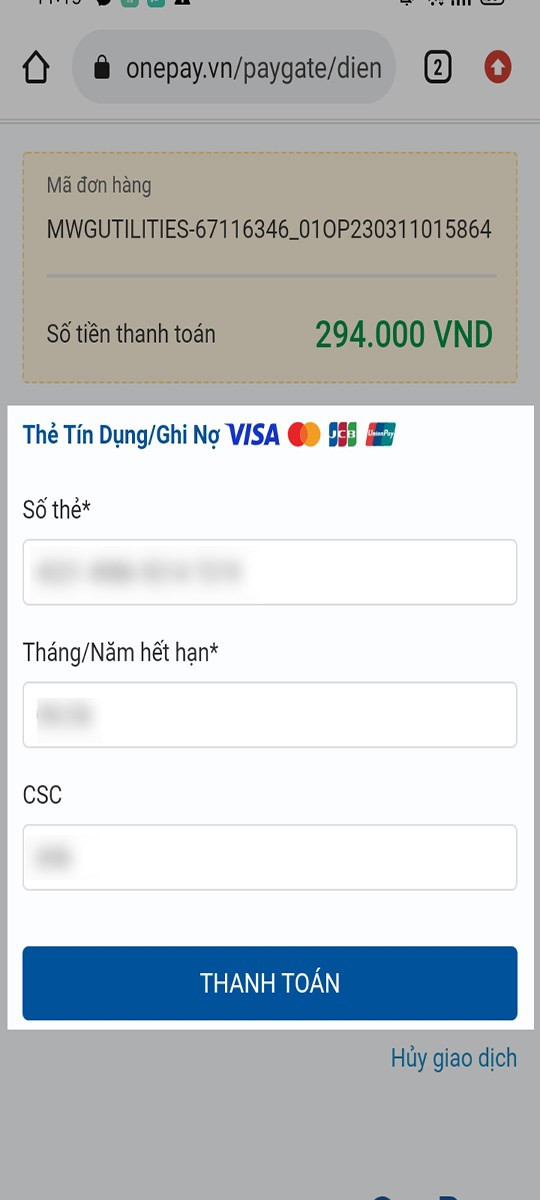 Nhập thông tin thẻ Ngân hàng