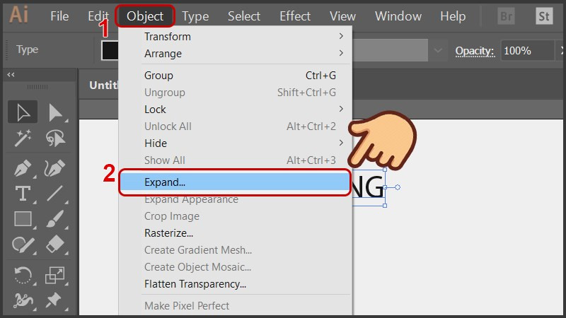 Nhấp vào Object chọn Expand