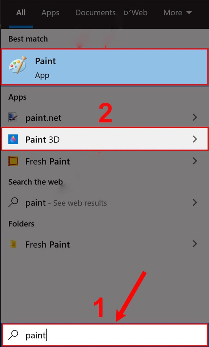 Nhập vào thanh tìm kiếm và chọn Paint hoặc Paint 3D để mở