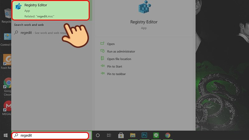 Ở thanh t&igrave;m kiếm tr&ecirc;n m&aacute;y t&iacute;nh, g&otilde; regedit v&agrave; chọn mở ứng dụng Registry Editor