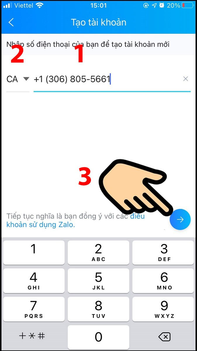 Quay lại giao diện ứng dụng Zalo, th&ecirc;m số điện thoại vừa copy v&agrave;o, chọn CA m&atilde; v&ugrave;ng của Canada, sau đ&oacute; bấm mũi t&ecirc;n sang ngang