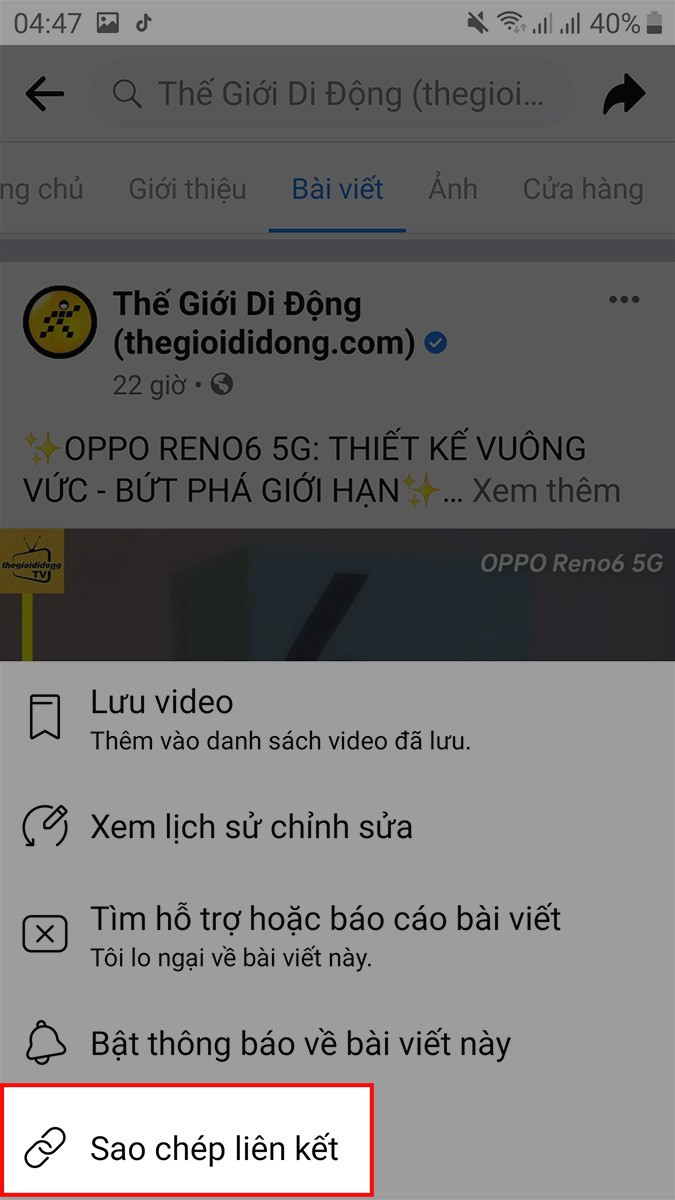 Sao chép liên kết video Facebook Android