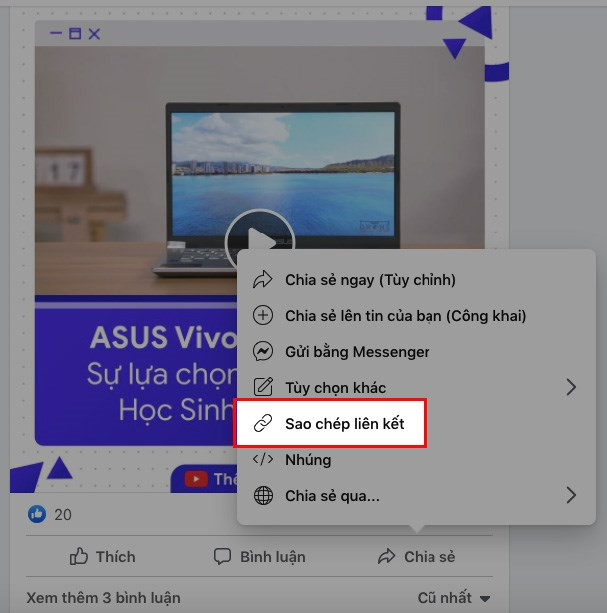 Sao chép liên kết video Facebook trên máy tính