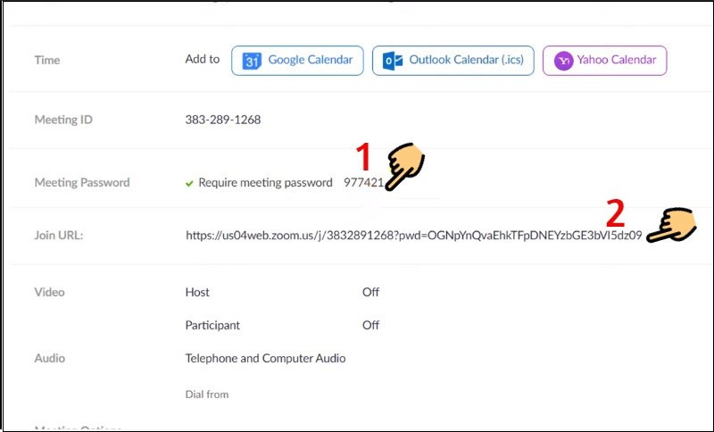 Sao chép link và mật khẩu phòng họp Zoom