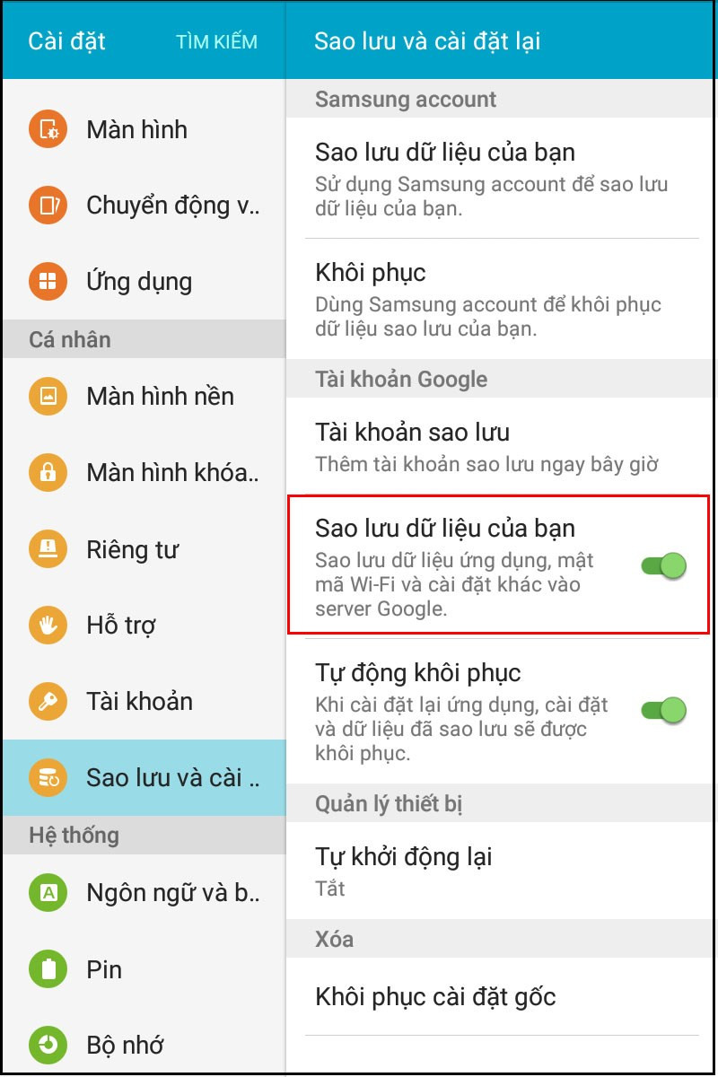 Sao lưu dữ liệu trên Android