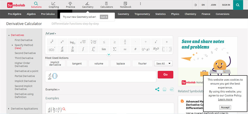 symbolab.com - Tính đạo hàm online nhanh chóng