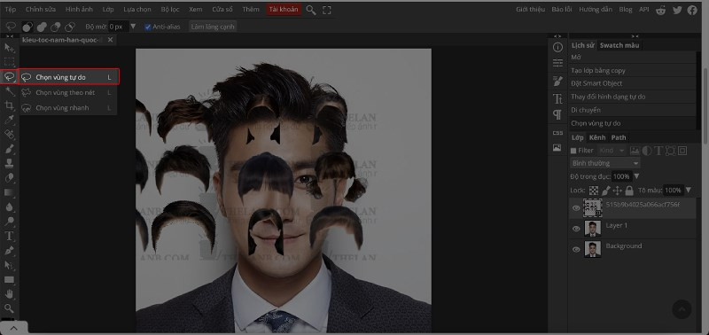 Tạo vùng chọn cho tóc bằng công cụ Chọn vùng tự do trên thanh công cụ hoặc bấm phím L