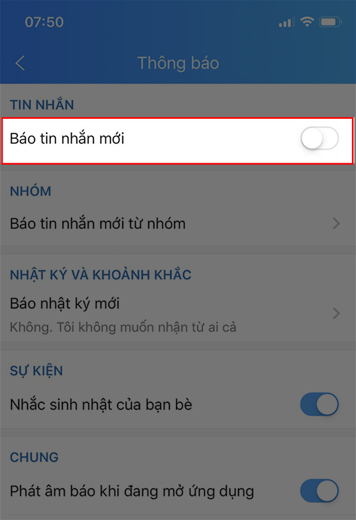 Tắt nút kích hoạt Báo tin nhắn mới