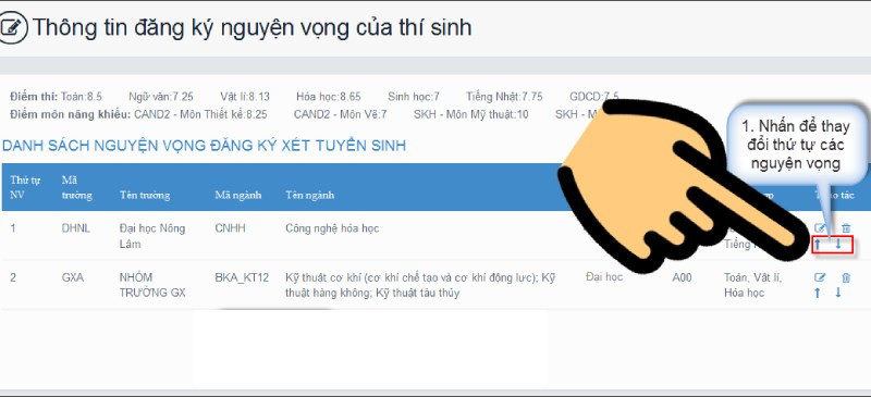 Thay đổi thứ tự nguyện vọng