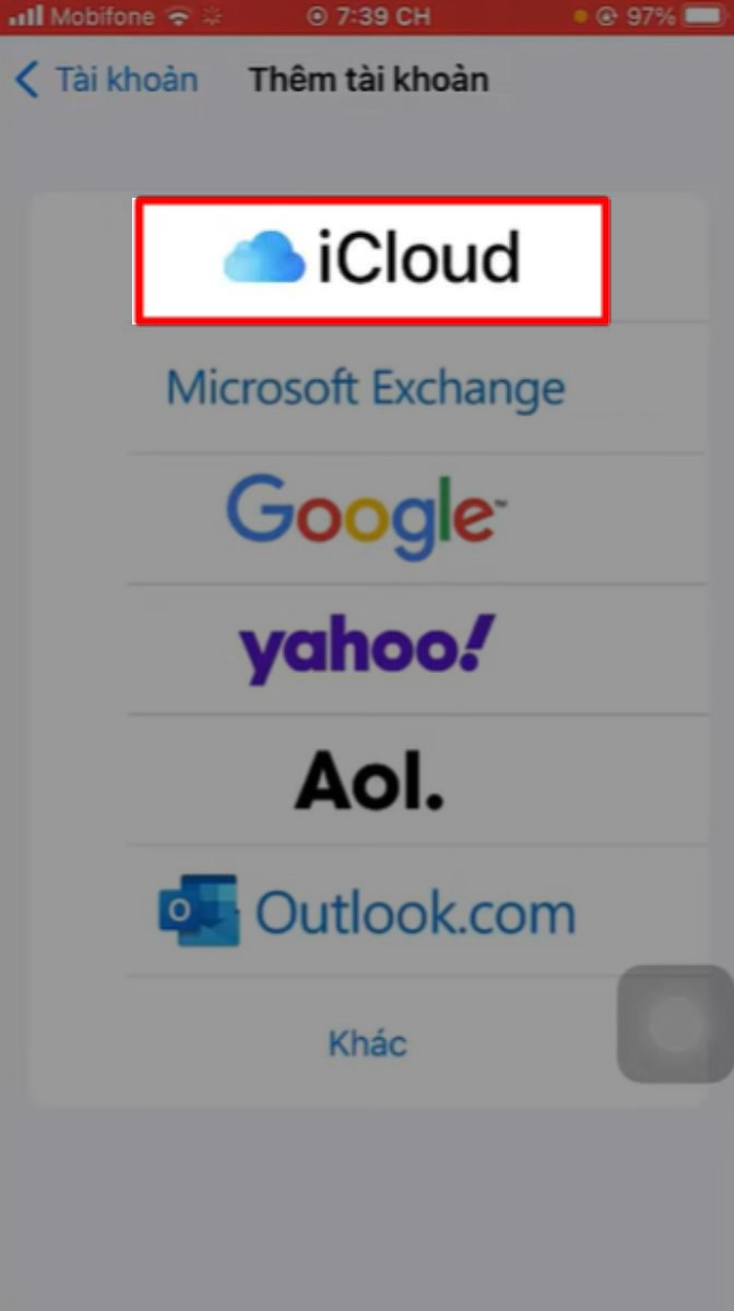 Thêm tài khoản iCloud