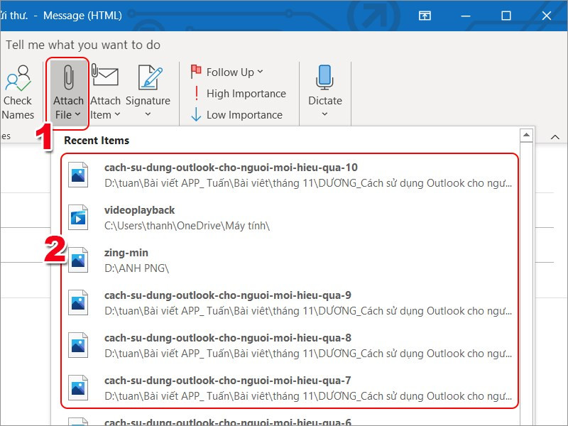 Thêm tệp đính kèm trong Outlook