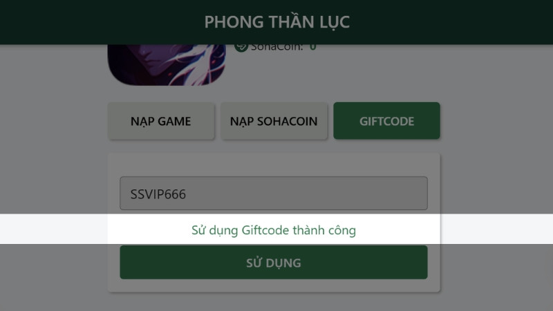 Thông báo nhập code thành công