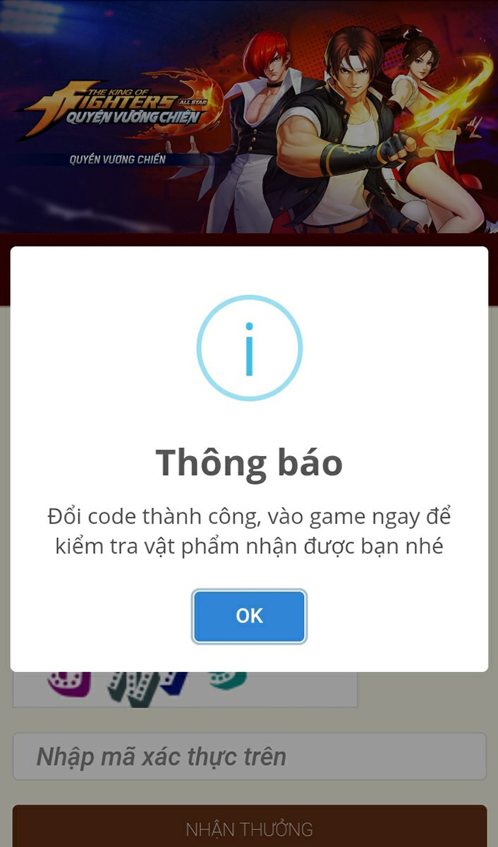 Thông báo nhập code thành công