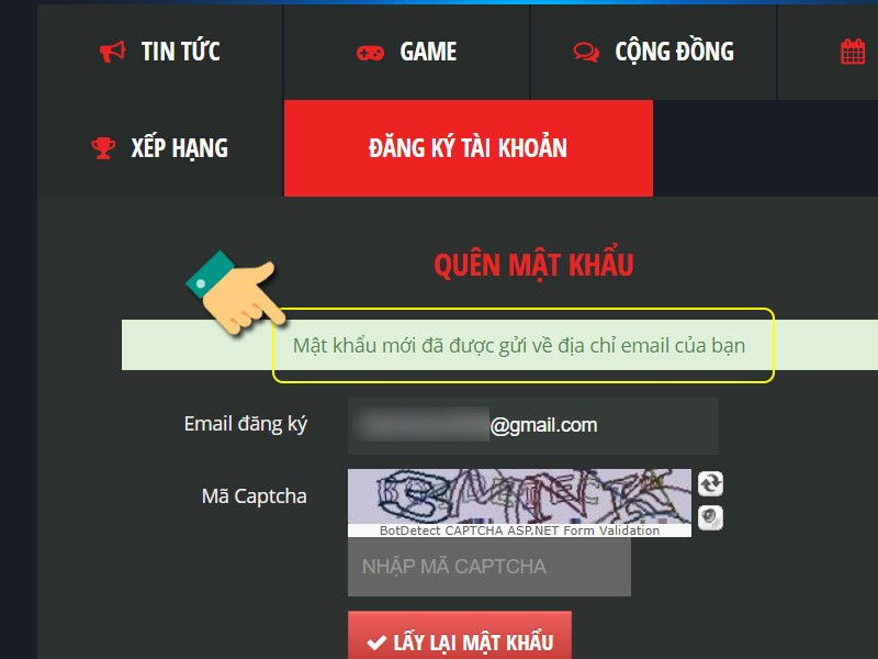 Thông tin tài khoản đã được gửi về Email