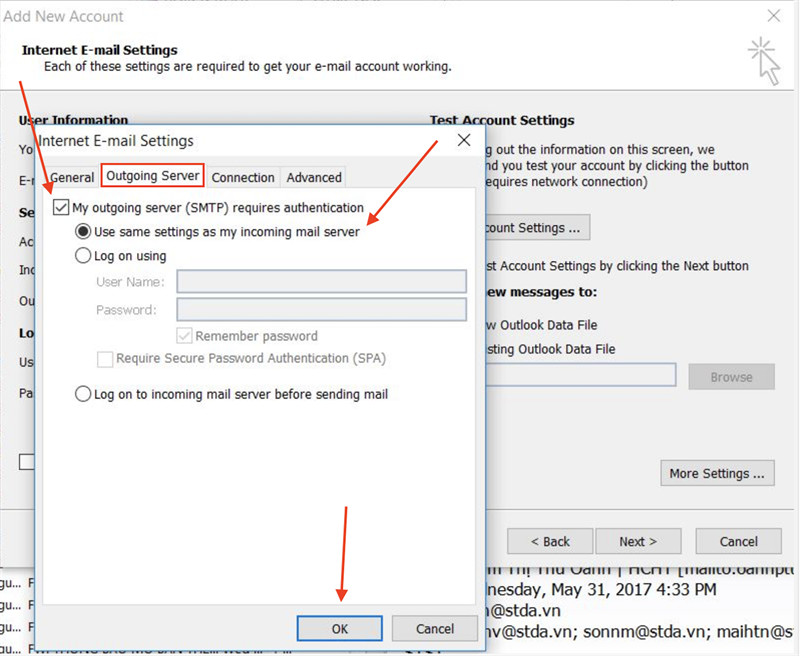 Tick vào My outgoing server (STMP) requires authentication