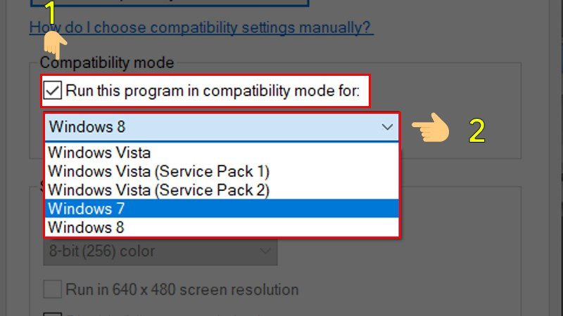 Tick vào ô Run this program in compatibility mode for: và chọn phiên bản Windows phù hợp