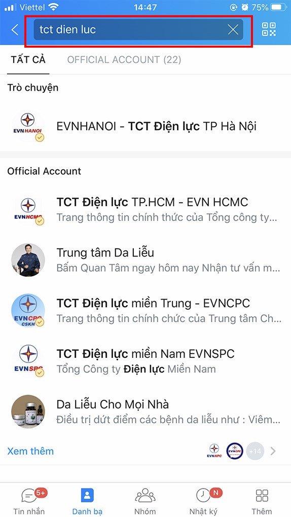 Tìm kiếm Điện lực trên Zalo