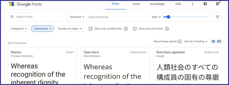 Tìm kiếm font chữ trên Google Fonts