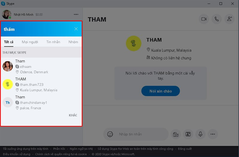 Tìm kiếm trên Skype Web