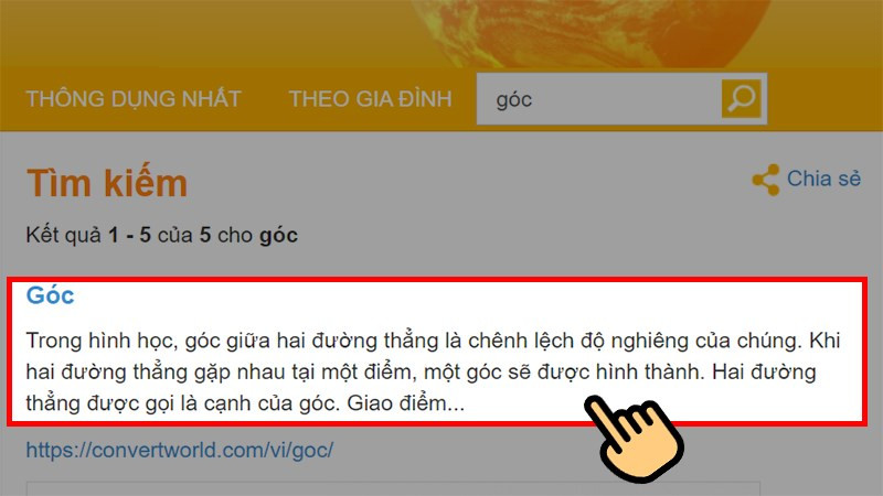 Tìm kiếm từ khóa "góc" và ấn chọn kết quả hiển thị đầu tiên