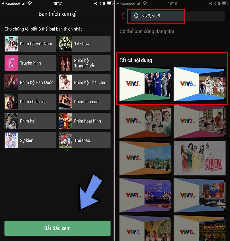 Tìm kiếm VTV3, VTV6 trên thanh tìm kiếm