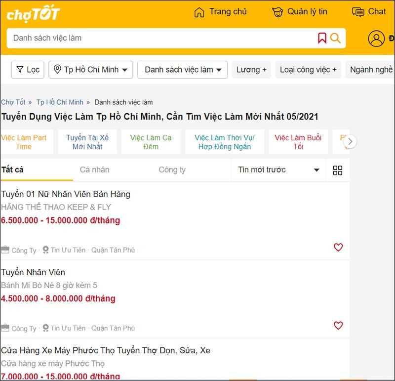 Tìm việc trên Chợ Tốt