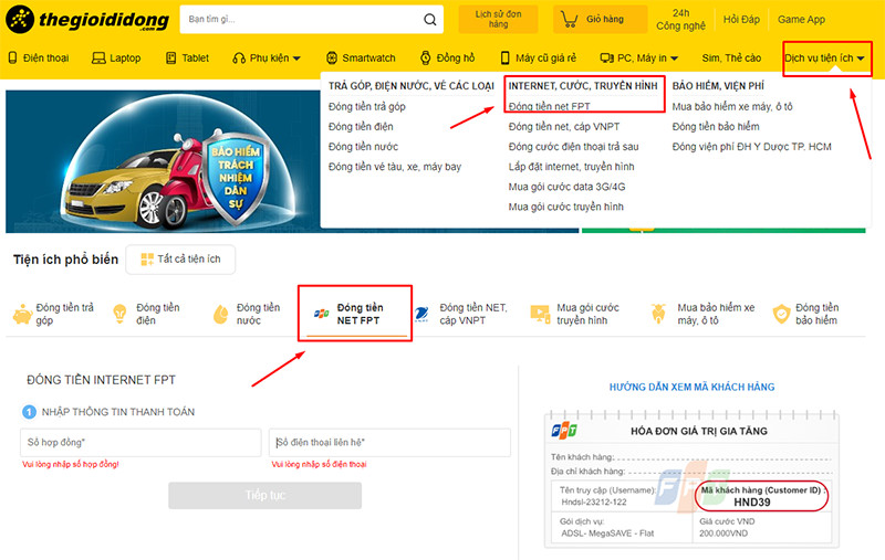 Trang đóng tiền net FPT trên Thế Giới Di Động
